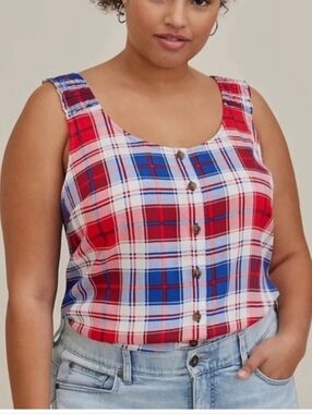 Torrid Rayon Slub Button Front Tank Plaid Red White